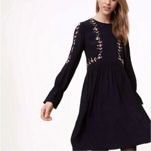 LOFT Women's Size 4 Embroidered Floral Split Sleeve Cold Shoulder Dress Black